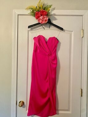 DO+BE Hot Pink Strapless Ruched Midi Dress and fascinator